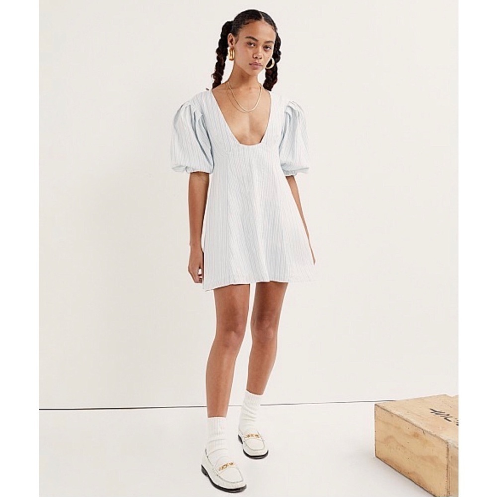 NWT FOR LOVE & LEMONS Leslie Puff Sleeve Babydoll Striped Mini Dress Blue Size S